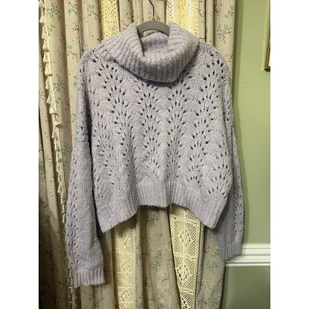 Garage Oversized Cowl Neck Sweater Large Lavender Pointelle Open Knit Cropped